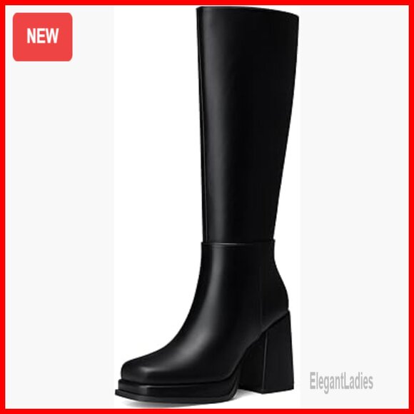 Knee High Boots 3.5 Inch Chunky Heel Platform Square Toe Side Zipper